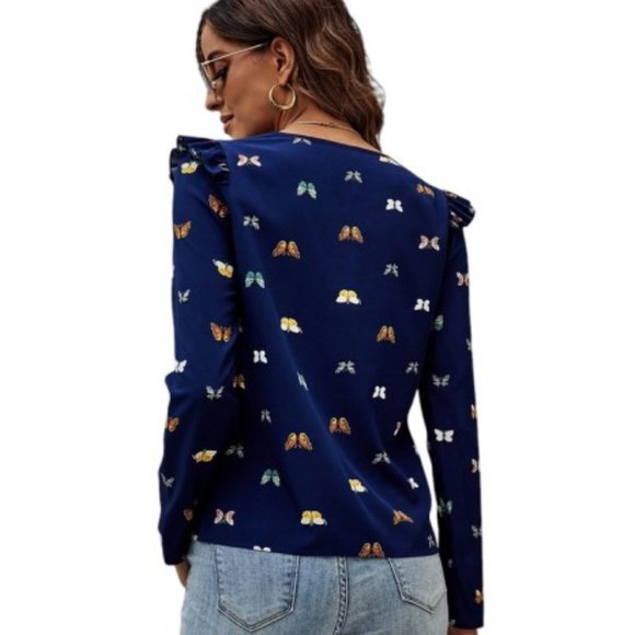 SHEIN Navy Blue with Butterfly Print Ruffle Trim Blouse Size L (8/10) NWT - Picture 2 of 4
